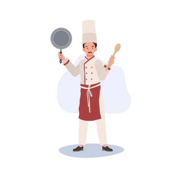 Повна Довжина Ілюстрації Шеф Кухаря Чоловік Шеф Кухаря Капелюсі Holding — стоковий вектор