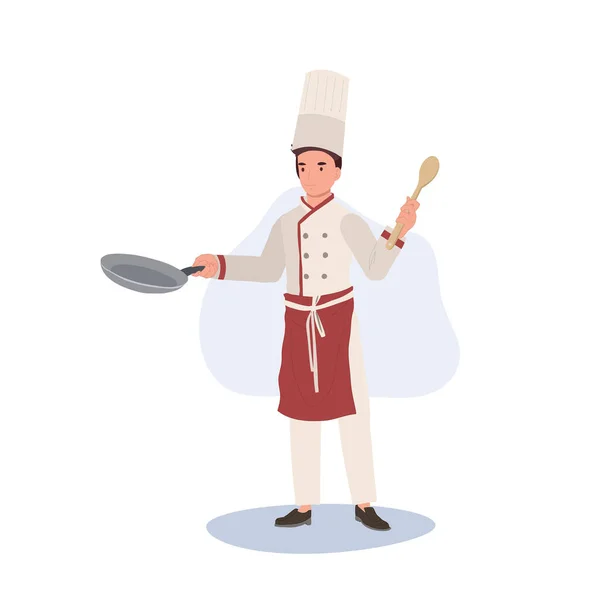 Comprimento Total Ilustração Chef Chef Masculino Chef Hat Holding Pan — Vetor de Stock