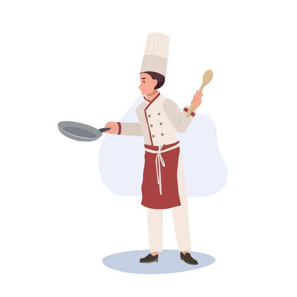 Full Length Chef Illustration Male Chef Chef Hat Holding Pan — Stock Vector