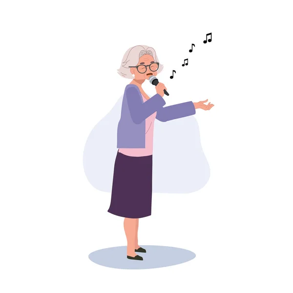 Ευτυχισμένη Ηλικιωμένη Γυναίκα Τραγουδάει Ενεργός Ηλικιωμένος Πολίτης Απολαμβάνει Εκφραστικό Καραόκε — Διανυσματικό Αρχείο