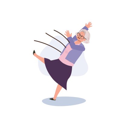 Yaşlı bir kadın tökezliyor, yaşlı bir büyükanne dışarı çıkıyor. Kazara kaymış. Düz vektör karikatür çizimi