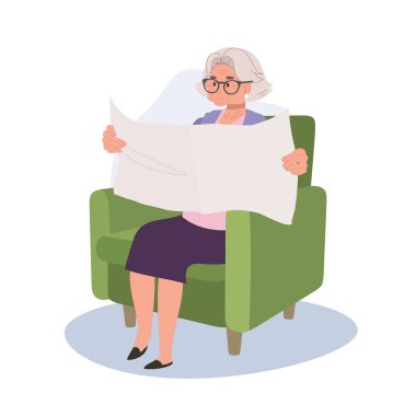 Rahat Kanepede Gazete Okumaktan Hoşlanan Yaşlı Kadın. Düz vektör karikatür çizimi