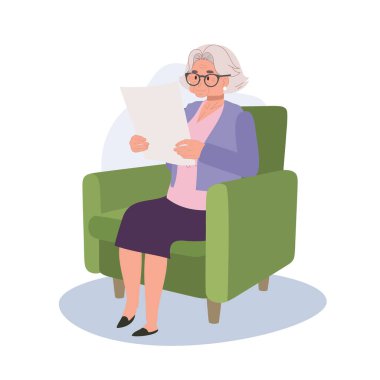 Rahat Kanepede Gazete Okumaktan Hoşlanan Yaşlı Kadın. Düz vektör karikatür çizimi