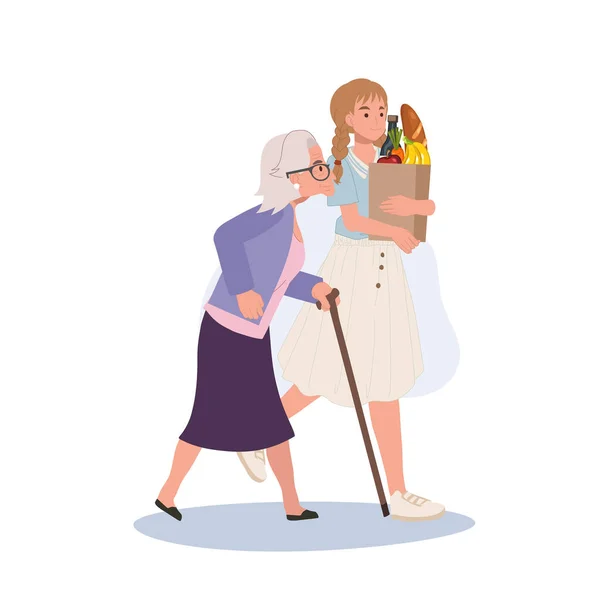 Respect Pensioners Concpet Smiling Young Woman Helps Senior Grandmother Carry — Stock Vector