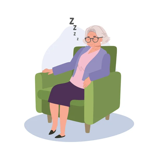 Χαλαρωτικός Υπνάκος Ηλικιωμένη Γυναίκα Κοιμάται Στον Αναπαυτικό Καναπέ Στο Σπίτι — Διανυσματικό Αρχείο