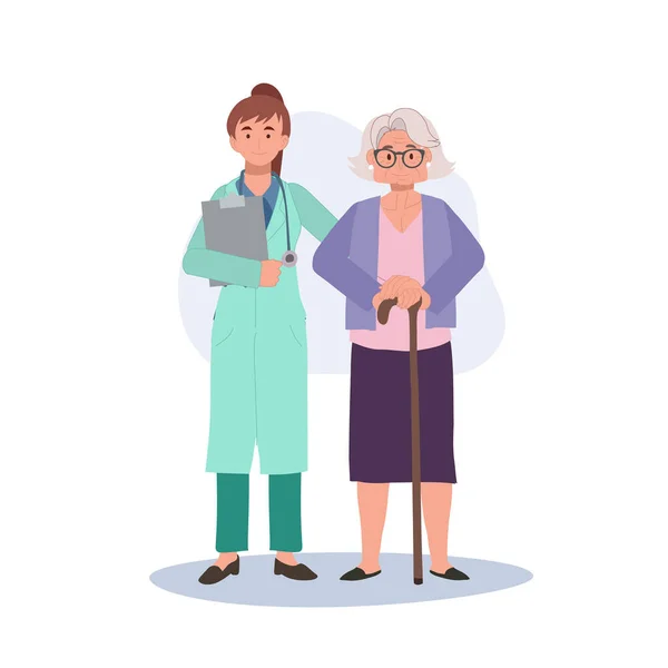 Koncepcja Opieki Zdrowotnej Starsza Kobieta Babcia Konsultacje Kobieta Lekarz Porad — Wektor stockowy