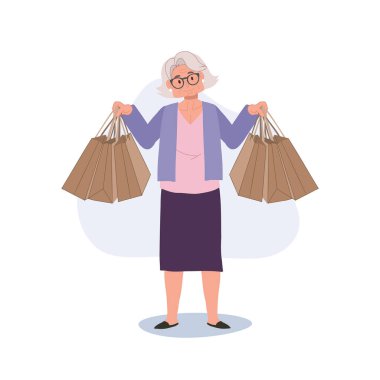 Büyükanne Alışveriş Torbaları 'nız kutlu olsun. Alışveriş poşetleriyle alışveriş yapan yaşlı bir kadın. Kıdemli Yaşam Tarzı ve Perakende Terapisi