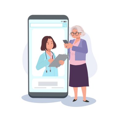 Çevrimiçi sağlık hizmeti kavramı. Yaşlı bir kadın doktorla mesajlaşıyor. Mesajla Tıbbi Danışmanlık Arayan Olgun Kadın.