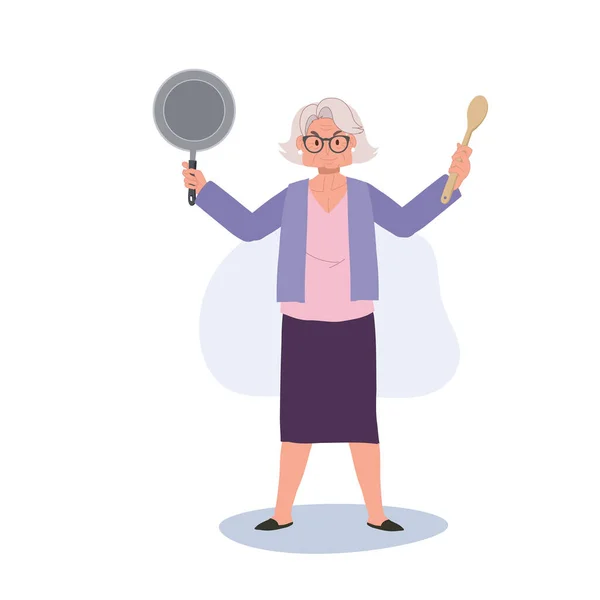 Fröhliche Oma Mit Pfanne Und Spachtel Selbstbewusste Seniorin Mit Kochkünsten — Stockvektor