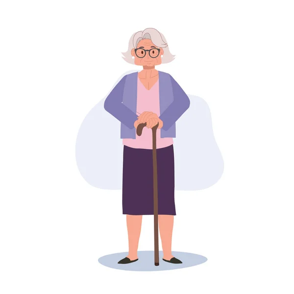 Signora Anziana Sorridente Con Bastone Canna Donna Anziana Sorridente Stile — Vettoriale Stock