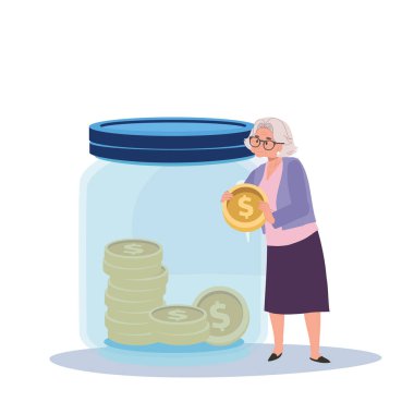 Para toplama ve finansal planlama konsepti. Kavanozda Büyük Para Tutan Mutlu Yaşlı Kadın