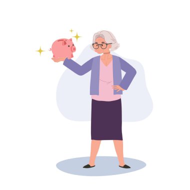 Emeklilik Tasarruf Konsepti. Domuz Kumbarası Tutan Mutlu Yaşlı Kadın. Domuzcuk Kumbaralı Gülümseyen Yaşlı Bayan