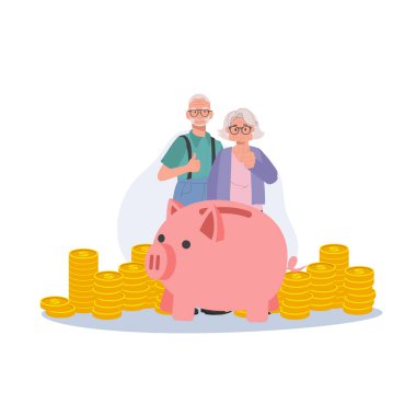 Emeklilik mutluluk konsepti. Piggy Bank Tasarruf ile Finansal Başarıyı Kutlayan Yaşlı Çift