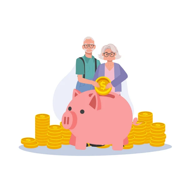 Starsza Para Zbierająca Pieniądze Piggy Bank Oszczędności Emerytalne Dojrzałe Para — Wektor stockowy
