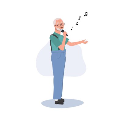  Mutlu Yaşlı Adam Şarkı Söylüyor. Aktif Yaşlı Vatandaş Karaokeyi Seviyor. Düz vektör karikatür çizimi