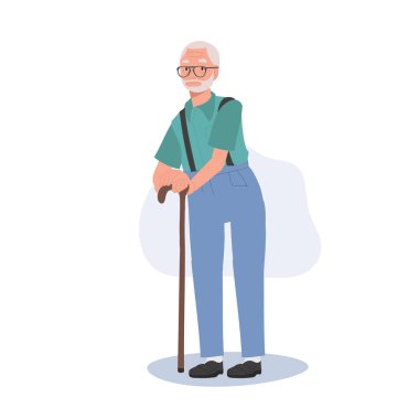  Tebeşir çubuğuyla gülümseyen yaşlı kadın. Gülümseyen Yaşlı Kadın, Büyükbaba Yaşam Tarzı. Düz vektör karikatür çizimi