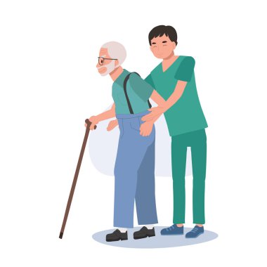 Sağlık sigortası kavramı. Mutlu Üniformalı Erkek Hemşire 'den Yaşlı Büyükbaba Yürüyüş Yardımı. Düz vektör karikatür çizimi