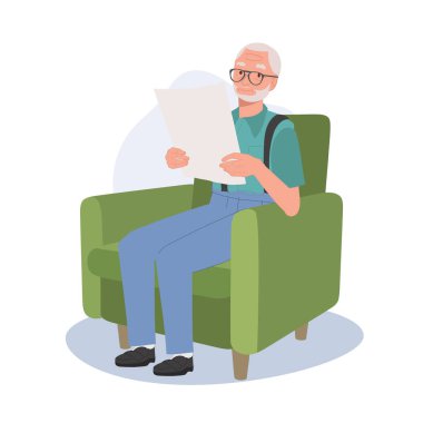 Rahat koltukta gazete okuyarak huzur içinde yatan yaşlı bir adam var. Düz vektör karikatür çizimi