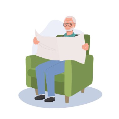 Rahat koltukta gazete okuyarak huzur içinde yatan yaşlı bir adam var. Düz vektör karikatür çizimi