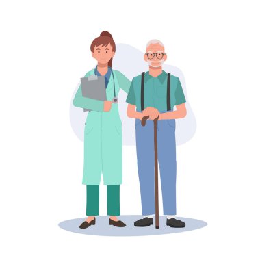 Sağlık sigortası kavramı. Kıdemli Dede, Tıbbi Danışmanlık için Kadın Doktor 'a danışmanlık yapıyor. Yaşlanan Nüfus İçin Sağlık Yardımı