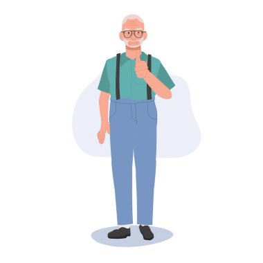 Kıdemli adamdan olumlu kalite onayı. Son sınıf öğrencisi Kalite Hizmetleri için Başparmağını kaldırıyor. Düz vektör karikatür çizimi