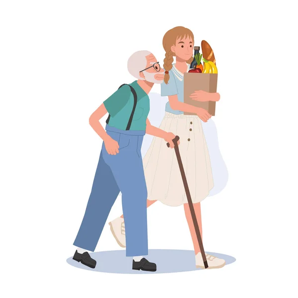 Respect Pensioners Concpet Smiling Young Woman Helps Senior Grandfather Carry — Stock Vector