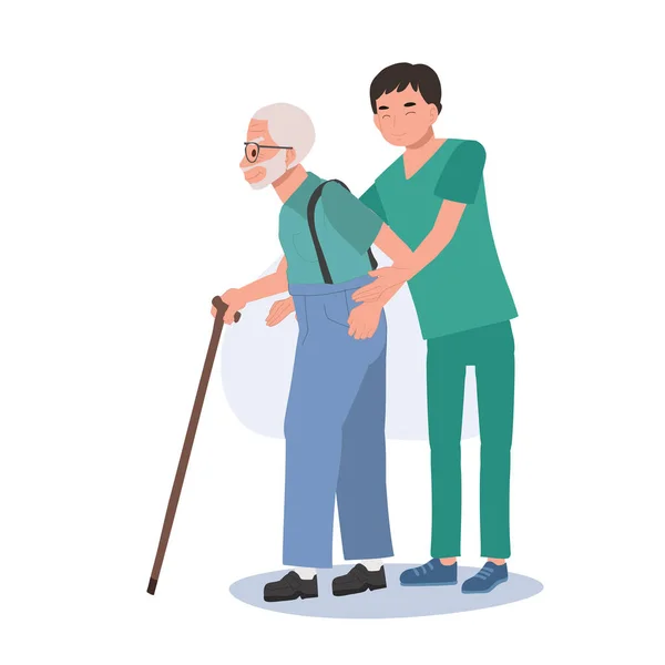 Terveydenhuollon Käsite Iäkäs Isoisä Walking Assistance Happy Mies Sairaanhoitaja Univormu — vektorikuva