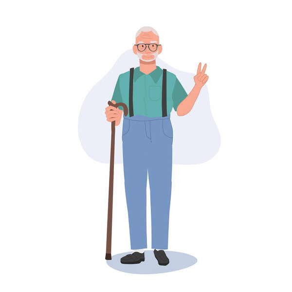 Позитивный образ жизни пожилых людей. Счастливый старший показывает знак мира, уверенный в себе улыбающийся пожилой человек.