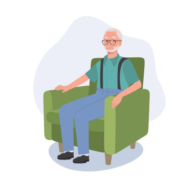 Sakinleşen yaşlı adam kanepede rahatça uzanıyor. Yaşlı bayan koltukta dinleniyor. Düz vektör karikatür çizimi