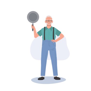 Neşeli büyükbaba Pan 'ı tutuyor. Pişirme yeteneği olan kendinden emin kıdemli bir adam. Düz vektör karikatür çizimi