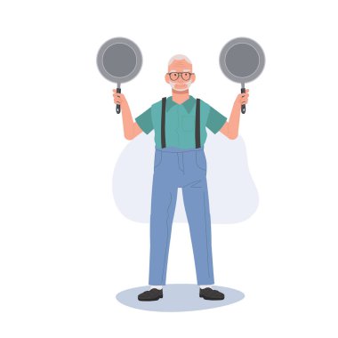 Neşeli büyükbaba Pan 'ı tutuyor. Pişirme yeteneği olan kendinden emin kıdemli bir adam. Düz vektör karikatür çizimi