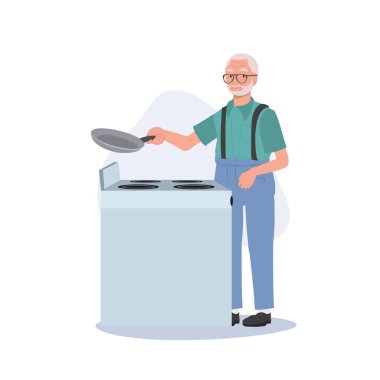 Yaşlı adam aşçı aşçı konsepti. Büyükbaba geleneksel ev yapımı yemekleri fırında pişiriyor. Düz vektör karikatür çizimi
