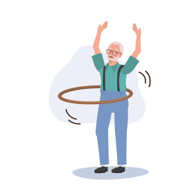 Kıdemli Yaşam Tarzı Keyif Konsepti. Hula Hoop 'lu mutlu yaşlı adam. Büyükbaba eğleniyor Hula Hoop oyunu