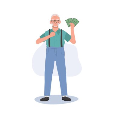 Para Kavramı İllüstrasyonu. Emeklilik Fonları Gösteren Zarif Yaşlı Adam. Büyükanne para hayranı gösteriyor.
