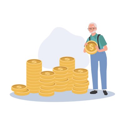 Finans ve Yatırım Konsepti. Tasarruf ve Emeklilik İçin Para Yığını Oluşturan Yaşlı Adam