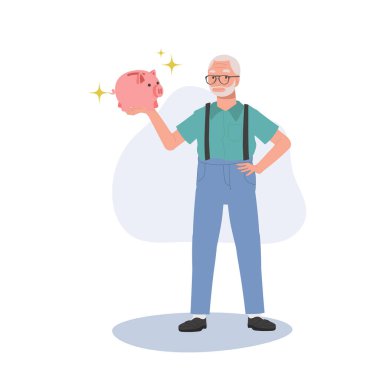 Emeklilik Tasarruf Konsepti. Domuz Kumbarası Tutan Mutlu Yaşlı Adam. Piggy Bank 'ın gülümseyen kıdemli adamı.
