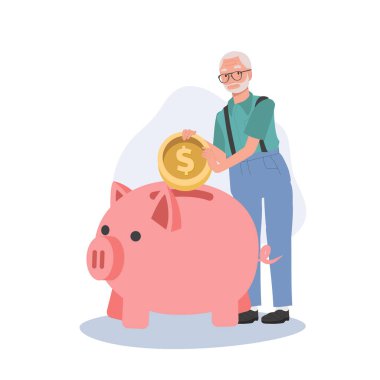 Emeklilik Tasarruf Konsepti. Domuzcuk Kumbarasında Para Toplayan Mutlu Yaşlı Adam. Düz vektör karikatür çizimi