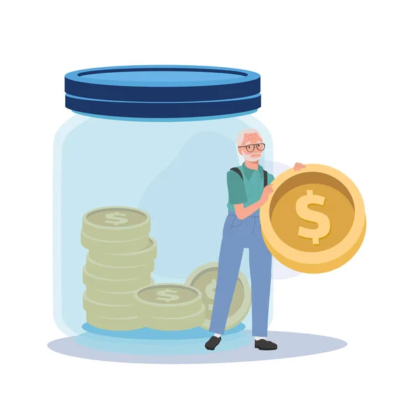 Finansal stres ve parasızlık kavramı. Kavanozdan büyük para tutan endişeli yaşlı adam. Düz vektör karikatür çizimi