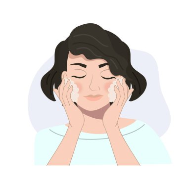 Kadın derisi ve güzellik rutini konsepti. Parlak Cilt ve Temizleme. Kadın yüzünü temizliyor..