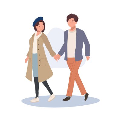 Modern Romantik İlişkiler kavramı. Birlikte yürüyen sevimli bir çift. Genç oğlan ve kız el ele tutuşuyor. Romantik Erkek Arkadaş ve Kız Arkadaş