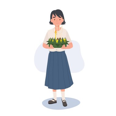 Tayland Krathong Festivali İllüstrasyonu. Taylandlı kız Krathong 'u tutuyor. Tayland 'da Loy Krathong Geleneksel Festivali