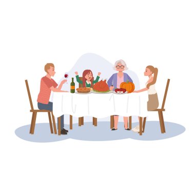 Şükran Günü yemeğinin tadını çıkaran mutlu aile yemeği. Aile Şükran Günü Kutlaması