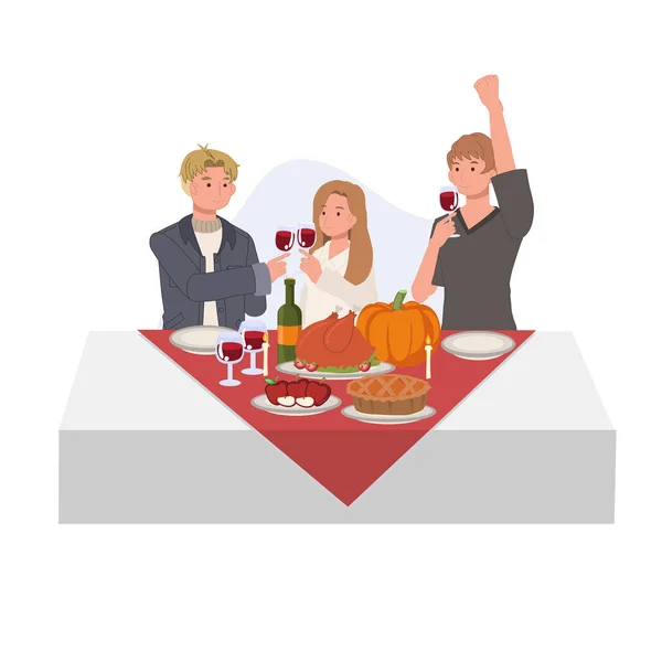 Šťastní Přátelé Těší Díkůvzdání Večeře Díkůvzdání Oslava — Stockový vektor