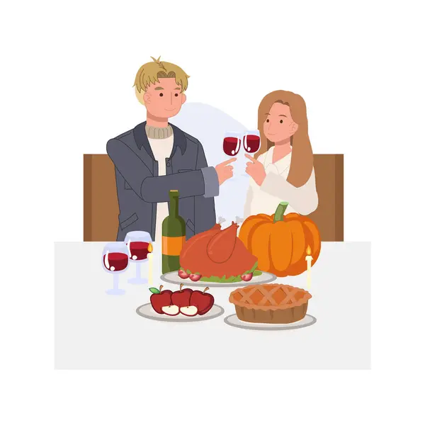 Happy Friends Enjoying Thanksgiving Dinner Thanksgiving Celebration — Stock Vector