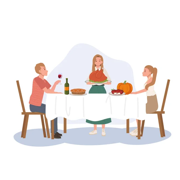 感謝祭の夕食を楽しむハッピーフレンズ 感謝祭 — ストックベクタ