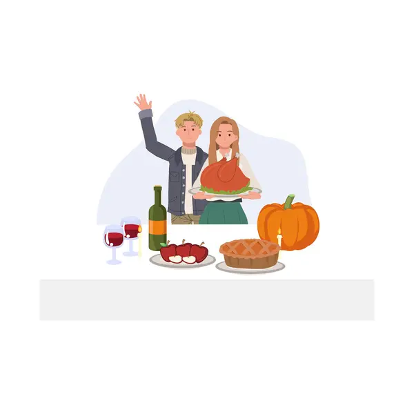 Boldog Család Élvezi Hálaadási Vacsorát Családi Hálaadás Ünnepe — Stock Vector