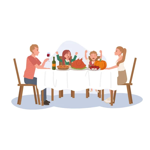 Şükran Günü Yemeğinin Tadını Çıkaran Mutlu Aile Yemeği Aile Şükran — Stok Vektör