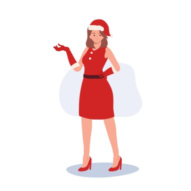 Noel Baba kostümlü gülümseyen genç kadın. Noel Baba kıyafetli güzel kız. Şenlikli Tatil Resimleri.