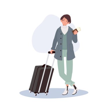 Tatil konsepti. Bavul, Pasaport ve Uçuş Kartıyla Seyahat Eden Kadın.