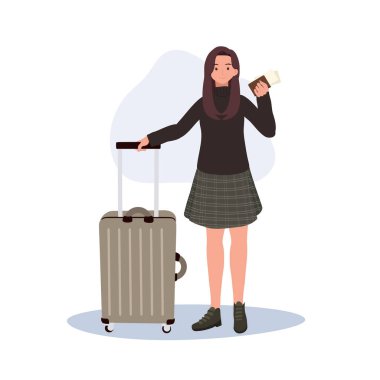 Tatil konsepti. Bavul, Pasaport ve Uçuş Kartıyla Seyahat Eden Kadın.